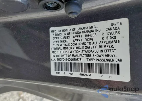 2016 Honda Civic Lx from USA, damaged, VIN 2HGFC4B00GH303731